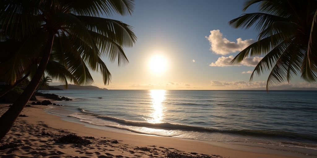 Solnedgang over tropisk strand med palmer