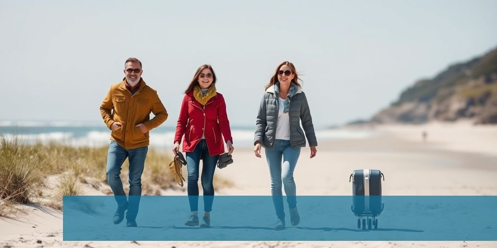 Familie på strand med kofferter