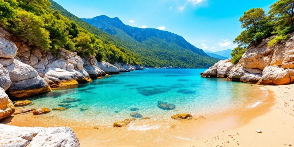 Albania strand med klart vann og gyllen sand.