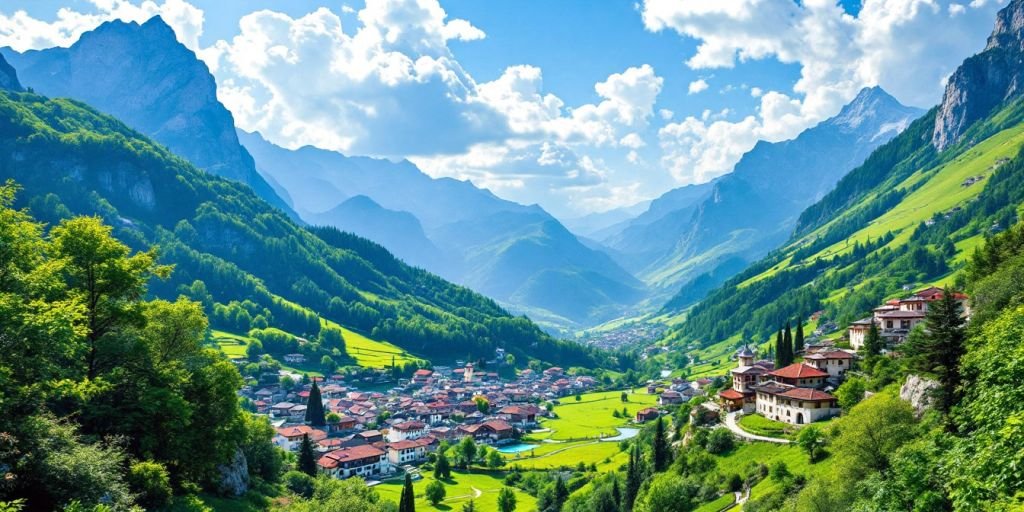 Albanias vakre landskap med fjell og tradisjonell arkitektur.