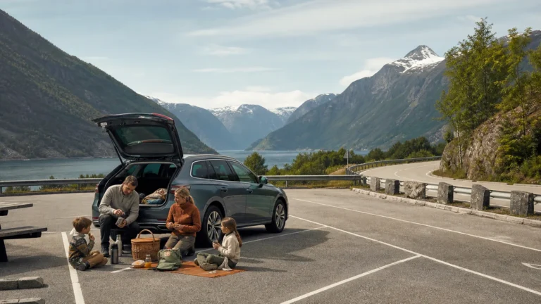 Familie tar en trygg pause på bilferie i Norge