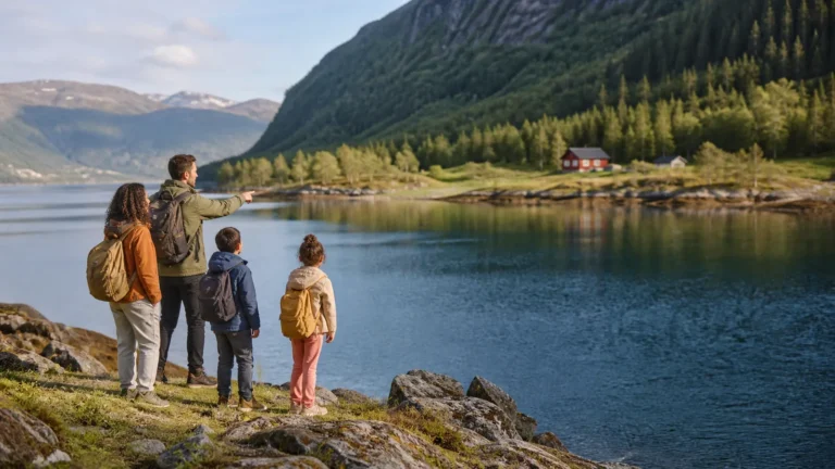 Familie ser utover en norsk fjord på sommerferie
